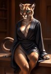 absurd_res anthro barely_visible_genitalia barely_visible_pussy blue_eyes bottomless breasts brown_body brown_fur chest_tuft cleavage clothed clothing cougar felid feline female front_view fur genitals hi_res mammal pussy robe sitting_on_table solo tuft wolf552906