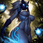 anthro blue_eyes breasts female floppy_ears forest fur glowing glowing_eyes glowing_markings hair looking_at_viewer low-angle_view markings mask navel nipples plant riot_games solo standing tencent thick_thighs tree tuft white_body white_fur white_hair wide_hips nsfjerk league_of_legends kindred_(league_of_legends) lamb_(league_of_legends) bovid caprine mammal sheep absurd_res hi_res