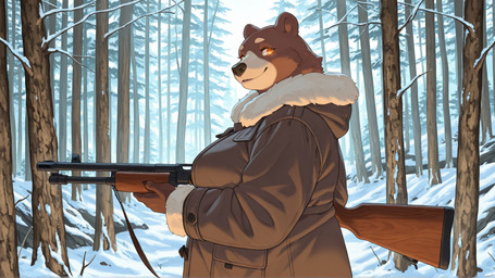 anthro brown_body clothing coat female forest forest_background glowing glowing_eyes gun holding_object looking_at_viewer nature nature_background orange_eyes plant ranged_weapon shotgun side_view smile snow snow_on_branches snow_on_ground solo topwear tree weapon winter_background puffy_peter mammal ursid hi_res