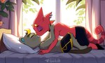 anthro bed bottomwear clothed clothing duo footwear freckled_face freckles furgonomics furniture furry-specific_piercing holding_partner kissing lying male male/male on_back on_bed piercing red_body romantic romantic_couple shorts socks tan_body text topless sergalbutt animal_crossing nintendo c.j._(animal_crossing) flick_(animal_crossing) beaver chameleon lizard mammal reptile rodent scalie signature url