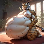 after_vore anthro belly big_belly big_breasts breasts female fur nipples nude orange_body orange_fur solo striped_body stripes teeth vore white_body white_fur zoc felid mammal pantherine tiger