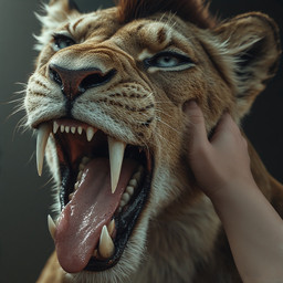 blue_eyes fangs female hand_on_cheek mohawk open_mouth petting realistic sabertooth_(anatomy) sharp_teeth teeth tongue tongue_out maw_master felid feline human lion mammal pantherine sabertoothed_lion