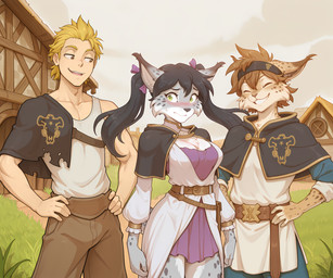 accessory anthro asta_(black_clover) belt black_hair blonde_hair blush bottomwear breasts brown_body brown_fur brown_hair cleavage clothed clothing day dress eyes_closed female fur grass green_eyes grey_body grey_fur group hair hair_accessory hand_on_hip hands_on_hips headband holding_hips male multicolored_body multicolored_fur noelle_silva outside pigtails plant ribbons shirt sky smile spots spotted_body spotted_fur standing topwear tuft white_body white_fur yami_sukehiro anontk the_elder_scrolls twokinds alice_reed_(twokinds) keiren_(twokinds) lynx_prince_(twokinds) canid canine canis felid human mammal pantherine snow_leopard hi_res