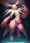 3_toes 5_fingers animal_genitalia anthro biped claws erection feet fingers frill_(anatomy) genital_slit genitals horn male nude open_mouth paws penis pink_body red_eyes skinny slit solo tapering_penis text toes water sergalbutt digimon cherubimon digimon_(species) scalie hi_res signature url
