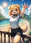 5_fingers accessory ahoge anthro beach blonde_hair blue_eyes blush bottomwear breasts claws clothing cloud collar countershading cute_fangs cutoffs day denim denim_clothing detailed_background female finger_claws fingerpads fingers floppy_ears fur gesture glistening glistening_eyes hair hair_accessory hair_between_eyes hairclip happy kemono lens_flare mountain navel open_mouth open_smile outside pawpads plant railing raised_arm seaside shirt shorts sky smile solo summer sun t-shirt tail_motion tailwag tongue topwear water waving waving_at_viewer white_body white_countershading white_fur yellow_body yellow_fur cosmicelement canid canine canis domestic_dog mammal tail hi_res portrait three-quarter_portrait