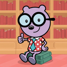 barefoot book bookshelf bottomless clothed clothing eyewear feet furniture gesture glasses male purple_body sitting smile solo thumbs_up boxen549 wow!_wow!_wubbzy! walden mammal ursid