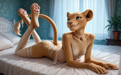 4_toes 5_fingers anthro anthrofied arms_bent barefoot bed bedroom bell bent_legs blue_eyes bra breasts butt choker claws clothed clothing curtains detailed_background digitigrade eyelashes feet female fingers fur furgonomics furniture garter_belt garter_straps hindpaw inside jewelry lace legs_up legwear lingerie lying lying_on_bed necklace nipples on_bed on_front panties pawpads paws pillow pink_pawpads plant plantigrade raised_calf seductive slim small_breasts small_waist smile soles solo stockings tail tail_clothing tail_tuft tan_body tan_fur thigh_highs toe_claws toeless_legwear toeless_stockings toes translucent translucent_clothing tuft underwear white_bra white_clothing white_legwear white_underwear window unknown_director the_lion_king nala_(the_lion_king) felid lion mammal pantherine hi_res widescreen