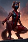 anthro athletic athletic_anthro athletic_female biceps black_suit clothing curved_tail curvy_figure female flat_chested fluffy fluffy_tail latex_clothing mask muscular muscular_anthro muscular_female ninja paws rooftop round_ears solo squat sunset tight_clothing warrior hellapoc mammal rodent sciurid attempted_signature