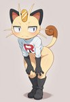 anthro black_clothing black_gloves black_handwear boots bottomless clothed clothing female footwear gloves handwear looking_at_another neutral_expression simple_background solo team_rocket_uniform synaker nintendo pokemon generation_1_pokemon meowth pokemon_(species) hi_res shaded simple_shading