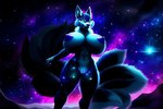 anthro breasts celestial_body celestial_fur dark_body dark_fur facial_tuft female fur genitals macro multi_tail nebula pussy smile solo space white_body white_eyeshadow white_fur metaforce canid canine celestial_being fox mammal