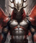 anthro armor chest_harness city city_background clothing gauntlets gloves hair handwear harness horn light looking_at_viewer male navel red_clothing red_hair solo sunlight wings jackson_maxston_(director) digimon_(species)