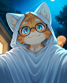 ambiguous_gender anthro bed_sheet bedding blue_eyes femboy fur ghost_costume glowing glowing_eyes inside looking_at_viewer male night orange_body orange_fur sky solo tail alastorgj halloween_2025 kitt_(alastorgj) domestic_cat felid feline felis ghost mammal spirit hi_res