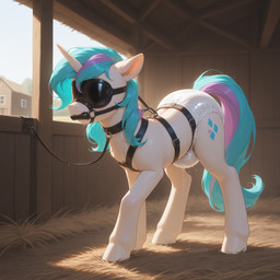 ambiguous_fluids ambiguous_gender barn bdsm bit_gag blindfold blue_hair blue_mane blue_tail bodily_fluids bondage_gear bridle clothed clothing collar covered_eyes cutie_mark day detailed_background diaper dripping dripping_wet ears_back farm female feral gag genital_fluids hair hay hooves horn inner_ear_fluff inside leaking_diaper leash leashed_collar light mane mane_hair mask multicolored_hair multicolored_mane on_hay petplay pivoted_ears ponyplay prompt purple_hair purple_tail quadruped roleplay soggy_diaper solo stable standing straps submissive submissive_female submissive_feral sunlight tail tuft two_tone_hair two_tone_mane two_tone_tail urine using_diaper wall_(structure) wearing_diaper wet_diaper wetting white_body wood_wall wooden_building zukinewcuteill_(model) mechanic_31 equid equine horse mammal pony unicorn colored detailed full-length_portrait hi_res portrait prompt_metainfo shaded three-quarter_portrait