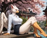 anthro big_breasts black_bottomwear black_clothing black_skirt bottomwear breasts claws clothed clothing female fur light_smile looking_away pose shirt side_view sitting skirt solo topwear white_body white_clothing white_shirt white_topwear wings jazzhands_(director) avian gryphon mammal mythological_avian hi_res