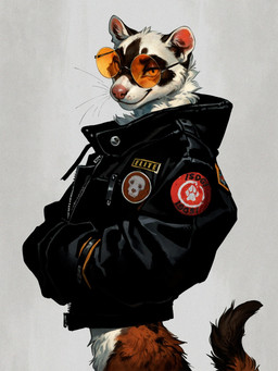 ambiguous_gender baggy_clothing black_body black_clothing black_fur black_jacket black_topwear bottomless brown_body brown_fur clothed clothing eyewear fur glasses hand_in_pocket hands_in_both_pockets hoodie jacket leather leather_clothing leather_jacket leather_topwear looking_at_viewer male multicolored_body multicolored_fur orange_body orange_eyes orange_fur patch_(fabric) pink_nose pockets round_glasses simple_background smile smirk solo standing sunglasses tail text text_on_clothing topwear tuft whiskers white_body white_fur unknown_director domestic_ferret mammal mustela mustelid musteline true_musteline english_text hi_res portrait