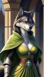 anthro armor breasts canid canine canis cleavage clothed clothing day dress female gauntlets gem gloves handwear jewelry looking_away mammal medieval_clothing medieval_fantasy necklace seductive solo wolf wolfik yellow_eyes