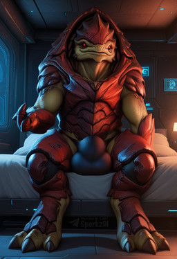 3_fingers 3_toes anthro balls beckoning bed bedroom big_bulge biped bulge claws clothed clothing detailed_bulge feet fingers furniture genital_outline genitals gesture inside looking_at_viewer male male_anthro muscular muscular_anthro muscular_male on_bed red_eyes scales sitting sitting_on_bed solo telegram telegram_logo text toes underwear sergalbutt bioware electronic_arts mass_effect urdnot_wrex alien krogan director_name hi_res signature url