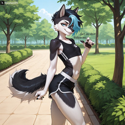 anthro black_body black_fur black_hair blue_eyes blue_hair clothing crop_top dialogue dolphin_shorts female flat_chested fluffy fluffy_tail footprint fur hair outside park pawprint punk_hair shirt smirking_at_viewer solo talking_to_viewer text topwear white_body white_fur weytani99 skye_(weytani99) canid canine canis domestic_dog husky mammal nordic_sled_dog spitz
