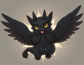 anthro belly biped black_body black_fur blep feathered_wings feathers fluffy fluffy_tail flying fur hand_on_face horn mythology neck_tuft simple_background solo spread_wings tail tongue tongue_out tuft wings yellow_eyes ekko dragon mythological_creature mythological_scalie scalie hi_res