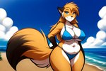 anthro beach big_breasts big_tail bikini black_body black_fur blue_eyes breasts cheek_tuft chest_tuft closed_smile clothing crossgender curvy_figure facial_tuft female fur hair hand_on_hip huge_breasts huge_hips huge_thighs long_hair looking_at_viewer mature_female mtf_crossgender multicolored_body navel nipple_outline orange_body orange_fur orange_hair outside seaside slightly_chubby solo solo_focus swimwear thick_thighs tuft twokinds voluptuous white_body white_fur wide_hips banal_fissure mike_(twokinds) canid canine fox keidran mammal