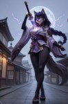 anthro armwear black_nose bow_tie breasts cleavage clothed clothing elbow_gloves electricity female fluffy fluffy_tail footwear genshin_impact gloves glowing glowing_eyes hair handwear inner_ear_fluff japanese_architecture japanese_house legwear long_hair looking_at_viewer low-angle_view melee_weapon moon purple_clothing purple_eyes purple_hair sandals serious_face solo sword tights tuft weapon fenix_ai raiden_shogun_(genshin_impact) canid canine canis mammal wolf hi_res