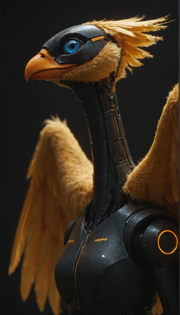 ambiguous_gender anthro beak blue_eyes cybernetic_arm cybernetic_limb cybernetic_torso cybernetics feathers machine solo wings ai_yiff e6ai mascot_2025 avian bird bust_portrait hi_res portrait