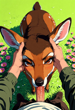 bestiality bodily_fluids brown_body brown_fur butt duo fellatio female feral feral_penetrated first_person_view fur genitals human_on_feral human_penetrating human_penetrating_feral interspecies looking_at_viewer male male/female male_on_feral oral penetration penile penis sex short_tail tongue diddlier cervid cervine human mammal absurd_res hi_res