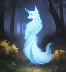 ambiguous_gender anthro blue_body blue_nose canid canine forest ghost glowing grass icefoxai mammal night plant seductive smile solo spirit tree