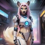 absurd_res anthro armor black_nose blue_eyes cyberpunk female feralfresh fluffy fluffy_tail fur futuristic hair hi_res hyaenid inner_ear_fluff inside mammal pink_hair smile solo solo_focus space spots tan_body tan_fur tuft window