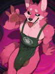 anthro apron apron_only balls big_penis bulge claws clothed clothing detailed_bulge genitals high-angle_view looking_at_viewer looking_up male mostly_nude nipples open_mouth partially_clothed penis pink_body sitting solo tongue tongue_out anonymous_director canid canine canis mammal wolf absurd_res hi_res