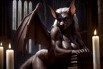 anthro bat_ears bat_wings breasts candle canineluvr19 cathedral chiropteran cleavage clothed clothing dark_body dark_fur female fur gargoyle hair hi_res jewelry leaning leaning_forward mammal membrane_(anatomy) membranous_wings necklace nipples seductive solo white_hair wings