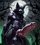 anatomically_correct anatomically_correct_genitalia animal_genitalia animal_penis anthro balls big_penis black_body black_fur canine_genitalia canine_penis claws dim_lighting ears_up elbow_tuft fangs full_moon fur genitals halloween knot leaning light looking_at_viewer male moon moonlight muscular muscular_male night nipples outside penis presenting presenting_penis seductive smile solo tall_male vein veiny_penis artist:wolfchime canid canine chiropteran mammal were werecanid werecanine werewolf