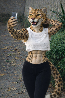 abs anthro athletic black_clothing black_leggings black_legwear cellphone claws clothing costume crop_top female fur leggings legwear long_legs muscular nature outside phone photorealism selfie shirt short_fur small_waist smartphone solo spots spotted_body spotted_fur standing stone_wall street thick_tail topwear wall_(structure) fauirien felid feline leopard mammal pantherine hi_res