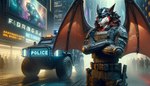 anthro arms_crossed car chin_tuft city clothed clothing facial_tuft fully_clothed fur green_eyes hair looking_at_viewer male membrane_(anatomy) membranous_wings messy_hair multicolored_body multicolored_fur police police_uniform solo standing uniform vehicle visor wings oldhroft sergal absurd_res hi_res