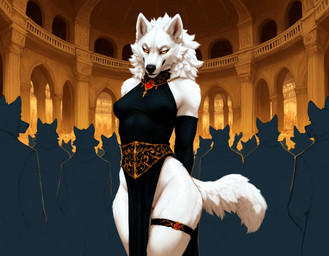 armwear barely_visible_genitalia barely_visible_pussy bedroom_eyes black_clothing black_dress black_nose breasts clothed clothed_anthro clothing crowd detailed_background dress female fluffy fur gem genitals gloves group hands_behind_back handwear inside jewelry legband narrowed_eyes necklace no_underwear pelvic_curtain public public_exposure pussy seductive silhouette solo_focus standing tail thighband tuft white_body white_fur wide_hips yellow_eyes anotheranon canid canine canis mammal werecanid werecanine werecreature werewolf wolf hi_res