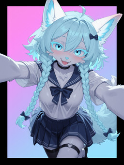 accessory anthro blue_eyes blue_hair blue_nose bottomwear braided_hair choker close-up clothing eyelashes fangs female footwear front_view fur garter gradient_background hair happy jewelry legwear looking_at_viewer navel necklace pleated_skirt school_uniform shoes simple_background skirt solo standing stockings tail_under_skirt teeth tongue tuft uniform white_body white_fur myrlonel anechka_(director_myrlonel) canid canine fox mammal bow_(disambiguation) absurd_res hi_res