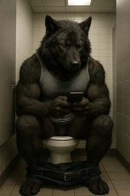 anthro bathroom belt biceps bottomless bottomwear bottomwear_down cellphone clothed clothing dark_body dark_fur detailed_fur fur inside male muscular muscular_anthro muscular_male pants pants_around_ankles pants_down partially_clothed paws phone photorealism photorealistic public_restroom realistic realistic_fur realistic_lighting restroom_stall scar shirt sitting_on_toilet solo tank_top toilet topwear delken canid canine canis mammal wolf detailed hi_res