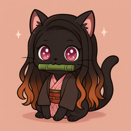 asian_clothing bamboo black_body black_fur black_hair chibi clothing east_asian_clothing eyelashes female fur gag hair highlights_(coloring) japanese_clothing kimono long_hair multicolored_hair orange_hair pink_eyes simple_background solo sparkles sparkling_eyes tail two_tone_hair demon_slayer nezuko_kamado domestic_cat felid feline felis mammal