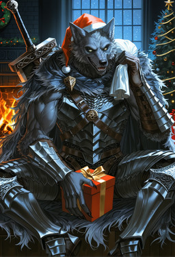 5_fingers anthro armor belt christmas_clothing christmas_headwear christmas_lights christmas_present christmas_tree cloak clothing fingers fireplace fluffy grey_body hand_on_crotch hat headgear headwear holding_sack inside male muscular muscular_male night open_mouth plant sack santa_hat sitting smile smirk snow snowing solo sword_on_back tree window yellow_eyes chilon249 blaidd_(elden_ring) canid canine mammal werecanid werecanine werecreature werewolf hi_res portrait yiffymix_(model)