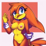 anthro avian belly blue_eyes breasts clothing female genitals gloves gloves_only handwear handwear_only lendri_mujina mostly_nude nipples novelai nude pigtails pussy solo standing yellow_belly yellow_clothing yellow_gloves yellow_handwear