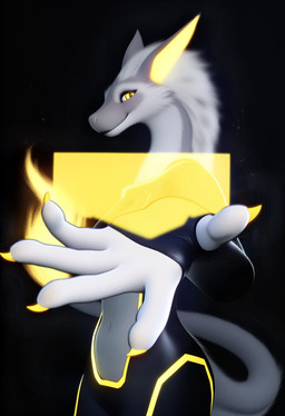 anthro black_clothing bodysuit claws clothing female fur grey_body grey_fur looking_at_viewer mane midriff mythology navel offering_hand reaching_towards_viewer side_view skinsuit smile solo standing tight_clothing yellow_claws yellow_eyes yellow_tail polar_(director) mascot_2025 dragon furred_dragon mythological_creature mythological_scalie scalie hi_res