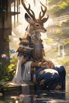 anthro brown_body cervid clothed clothing countershade_face countershading dress female flower fully_clothed fuzzy_logic hi_res mammal outside pattern_clothing plant restraints smile solo water wristband