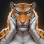 anthro bedroom_eyes close-up fangs female fur hand_on_face looking_at_viewer narrowed_eyes open_mouth seductive solo stripes yellow_eyes mavrek felid mammal pantherine tiger absurd_res detailed hi_res