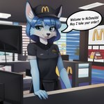 1:1 anthro blue_body blue_eyes blue_fur blue_hair canid canine canis clothed clothing fast_food female food fox fur hair harmfulpilot hi_res krystal looking_at_viewer mammal mcdonalds mcdonalds_uniform restaurant smile solo speech_bubble starfox text white_body white_fur young