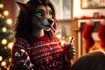 anthro black_body black_fur blizzard_entertainment canid canine christmas_clothing clothing female fur green_eyes kauket kauket_blackmoore living_room mammal solo warcraft were werecanid werecanine worgen world_of_warcraft