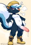 anthro balls big_balls big_penis biped black_body black_fur blue_body blush bodily_fluids boots clothing dripping erection flat_cap footwear foreskin fur genital_fluids genitals hair hands_on_hips hat headgear headwear humanoid_genitalia humanoid_penis male mostly_nude musk musk_clouds navel penis precum precum_drip purple_eyes shoes simple_background solo standing sweat tail text vein veiny_penis white_body white_fur sergalbutt animal_crossing nintendo kicks_(animal_crossing) mammal mephitid skunk hi_res signature url
