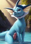 absurd_res animal_genitalia animal_penis balls blue_body blue_eyes bodily_fluids canid canine detailed_background ear_fins eeveelution erection feral fin generation_1_pokemon genital_fluids genitals head_fin hi_res leaking_precum light light_beam lighting looking_at_viewer male mammal penis pokemon_(species) precum presenting presenting_penis shuffur shy slim smile solo vaporeon water