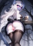 absol anthro breasts butt clothed clothing female foxgirlai fur generation_3_pokemon genitals hair legwear looking_at_viewer looking_back looking_back_at_viewer low-angle_view mammal pokemon_(species) pussy rear_view solo thigh_highs upskirt white_body white_fur white_hair