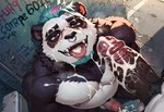 anthro bara bathroom blush bodily_fluids chest_tuft chubby_male cum cum_on_body cum_on_face cum_string erection excessive_cum excessive_genital_fluids genital_fluids genitals high-angle_view looking_at_viewer male muscular muscular_male nipples nudity open_mouth penis public public_restroom public_sex sex smile smiling_at_viewer solo_focus tongue tuft vein veiny_penis varyel_(director) giant_panda mammal ursid hi_res