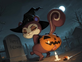 anthro anus big_butt bodypaint butt butt_focus cemetery clothing dress female grok_imagine halloween hat headgear headwear jack-o'-lantern magic_user painted_butt pumpkin_butt solo tombstone twerking witch witch_clothes witch_hat mirakelpung animal_crossing nintendo pecan_(animal_crossing) mammal rodent sciurid animated loop short_playtime sound webm